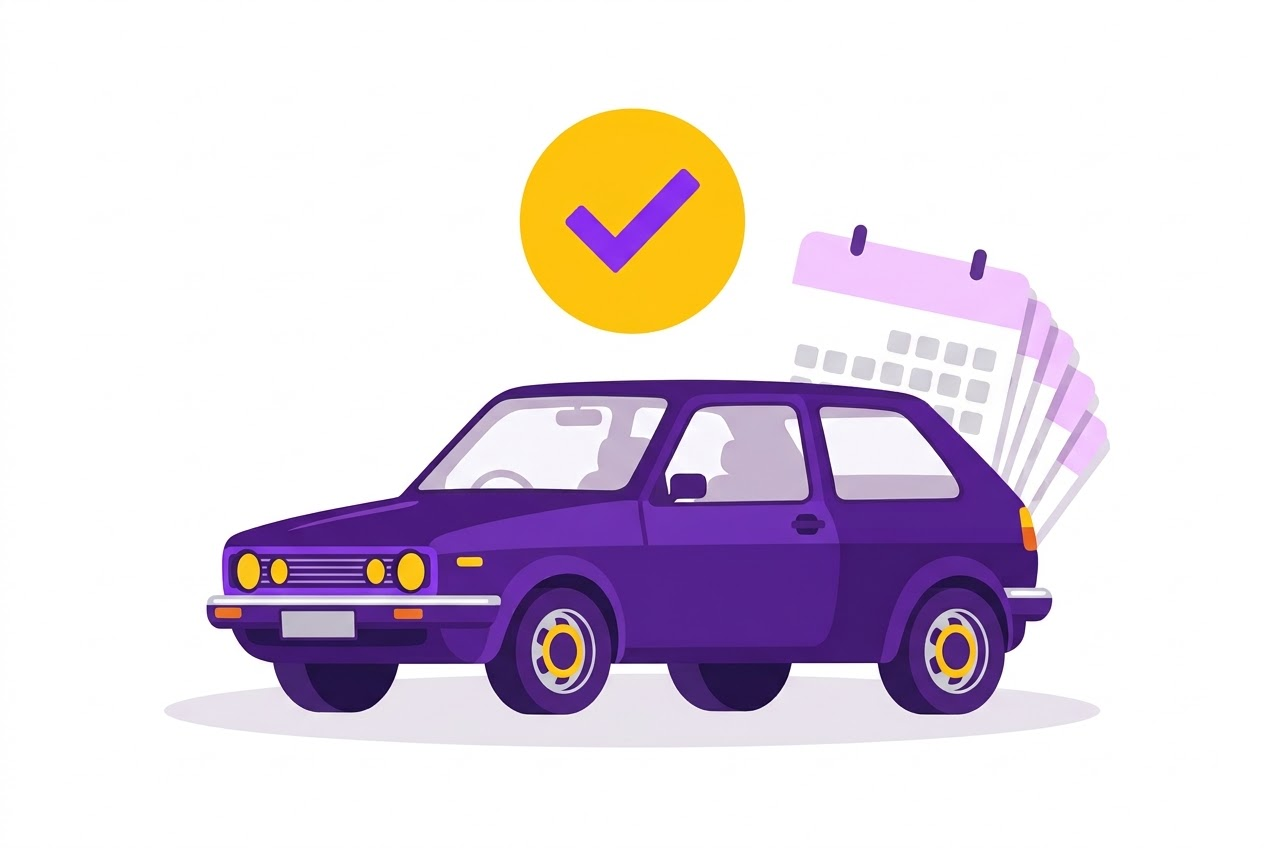 Ilustração de um carro com um selo de aprovado